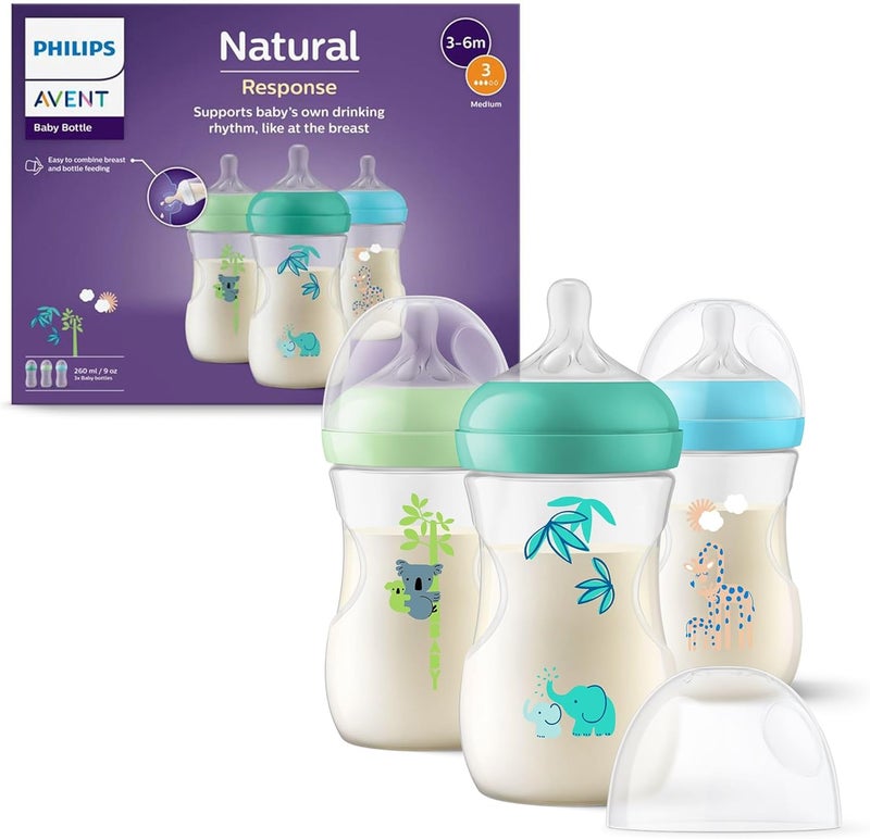 Philips Avent Natural Response Baby Bottle 260 ml (9 oz) with Medium Flow Teat (Flow 3), Pack of 3, Tropical Design, SCY903/73 - Image 1